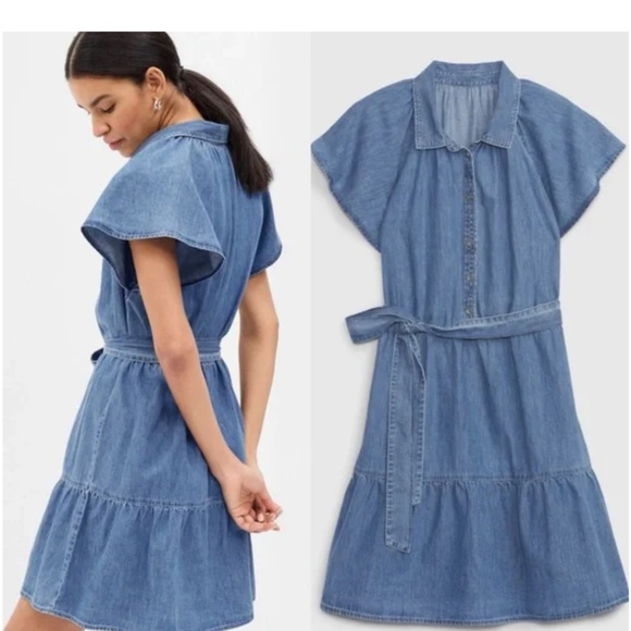 NWT GAP Flutter Sleeve Cotton Denim Dress Size M - Picture 2 of 7